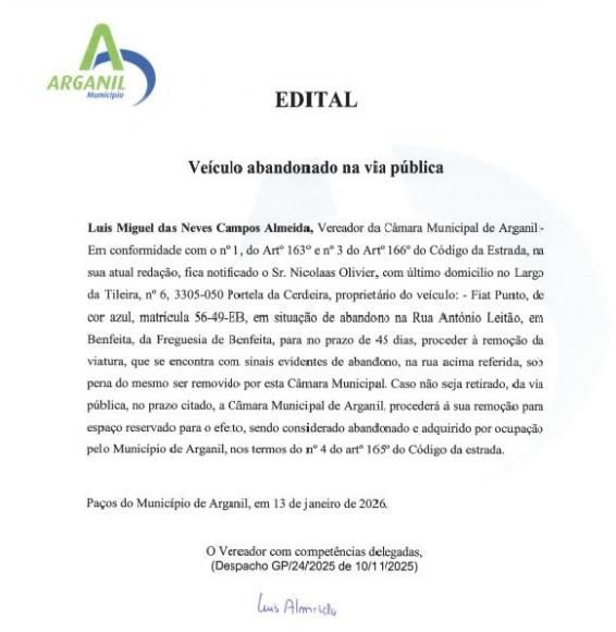 EDITAL (Munic&iacute;pio de Arganil) - Ve&iacute;culo abandonado na via P&uacute;blica (Benfeita)