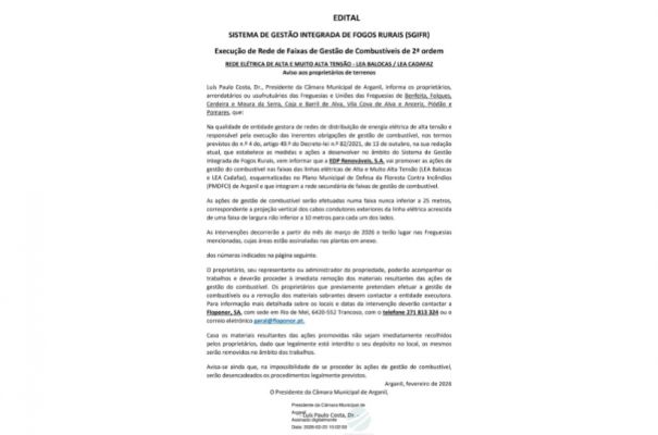 Munic&iacute;pio de Arganil - Edital referente ao SGIFR - Execu&ccedil;&atilde;o de Rede de Faixas de Gest&atilde;o de Combust&iacute;veis de 2&ordf; ordem