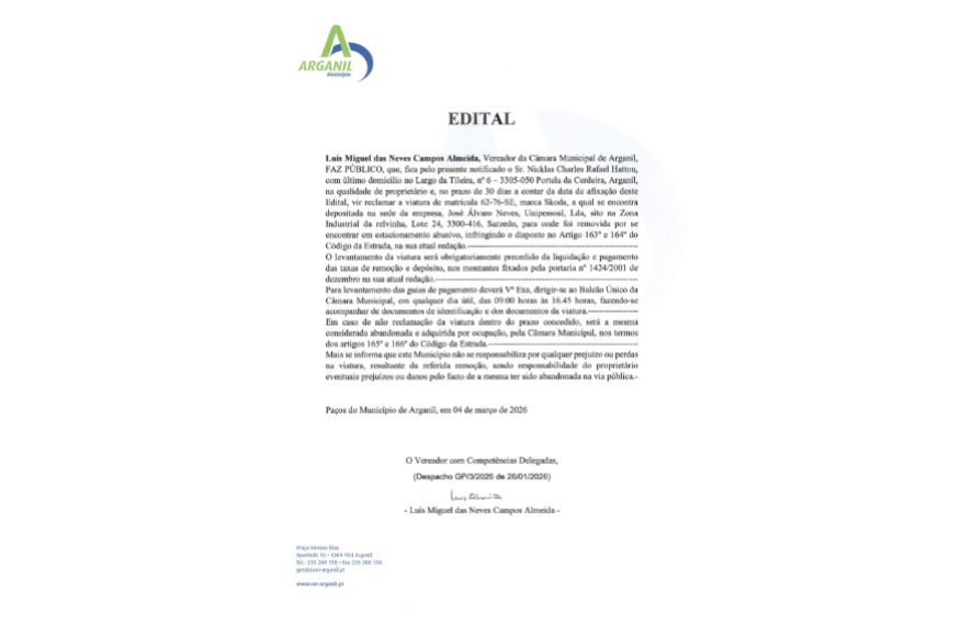 EDITAL (Munic&iacute;pio de Arganil) - Edital referente a ve&iacute;culo abandonado na via p&uacute;blica para levantamento ap&oacute;s recolha